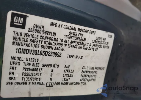 2005 Pontiac Montana Sv6 Fwd from USA, damaged, VIN 1GMDV33L05D230093